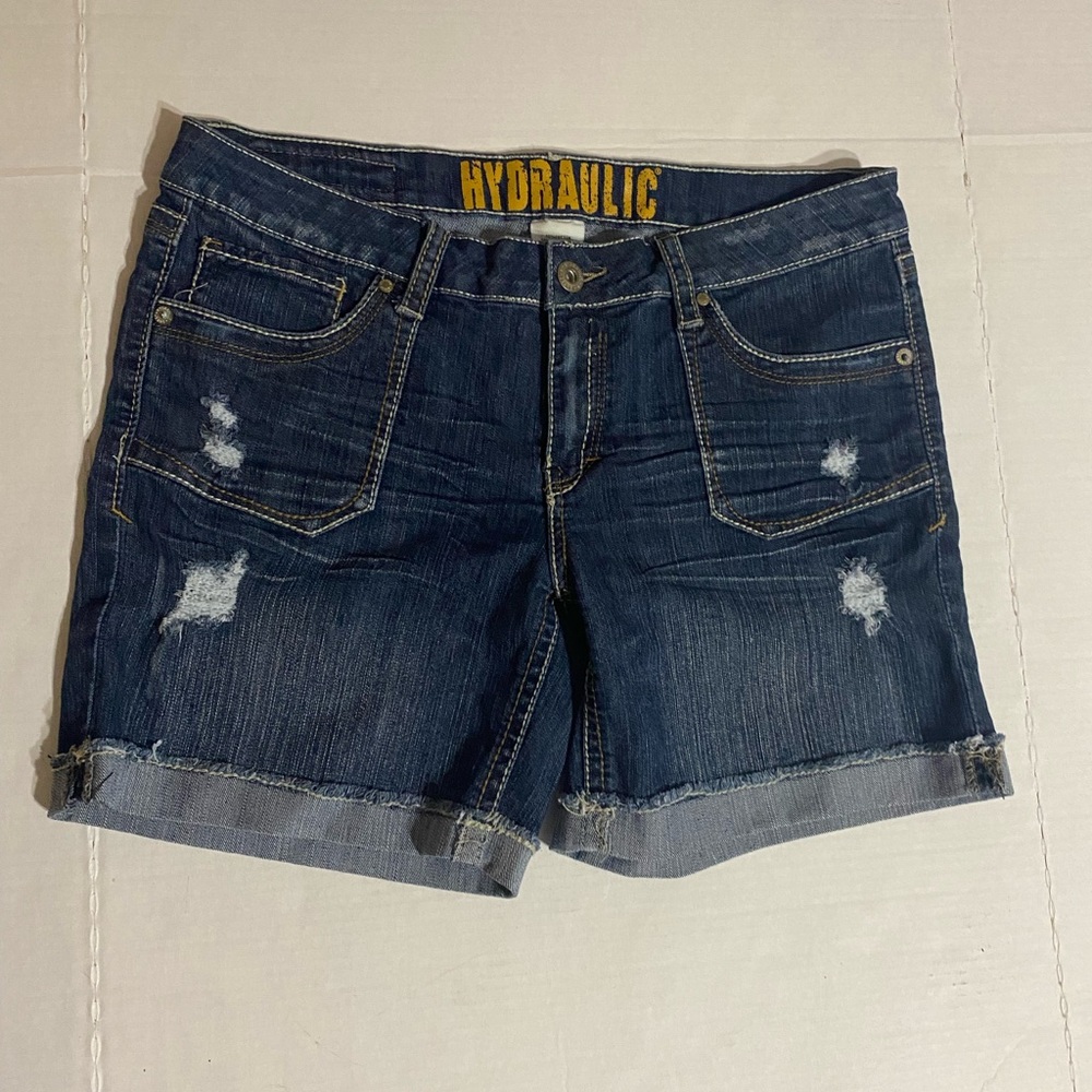 Hydraulic Blue Jean Shorts with Cuffed Hem and Distressed Details